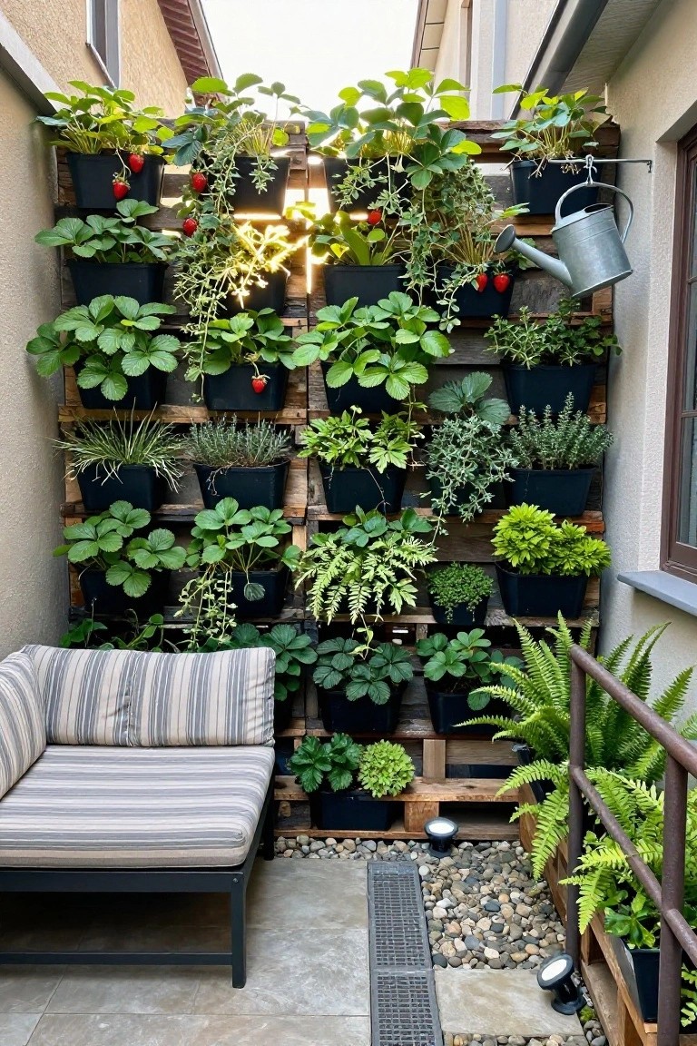 Wooden pallet wall mounted vertically outdoors with black pots of strawberry plants, leafy greens, herbs, and ferns, beside a striped lounge chair on gravel ground in a narrow courtyard.