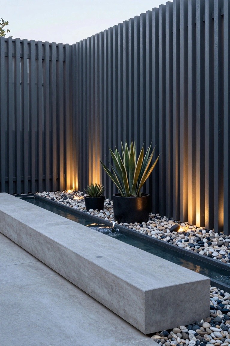 Tall dark vertical slat fence with uplighting creating glow between slats, flanked by potted agave plants, a concrete bench, narrow water feature, and white pebbles on concrete paving in a backyard.