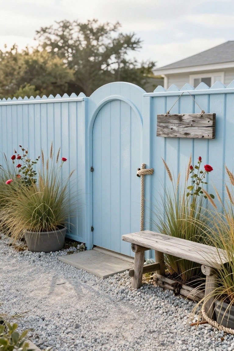 Light blue wooden picket fence with arched gate, wooden sign hanging on rope, potted grasses and roses nearby, rustic bench, gravel path, and house in background.