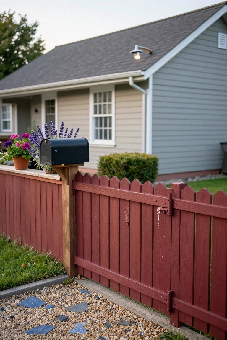 Red wooden picket fence with scalloped tops and open gate next to a black mailbox on a post, surrounded by potted pink and purple flowers, in front of a gray house with beige siding and a gravel path.