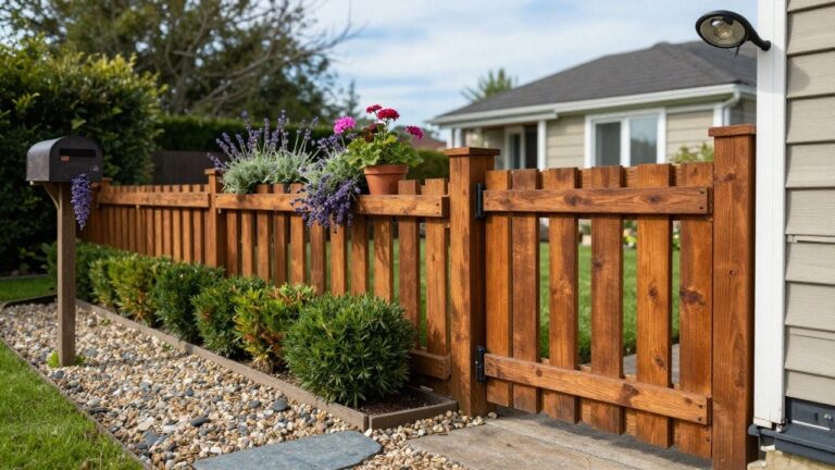 Red wooden picket fence with scalloped tops and open gate next to a black mailbox on a post, surrounded by potted pink and purple flowers, in front of a gray house with beige siding and a gravel path.