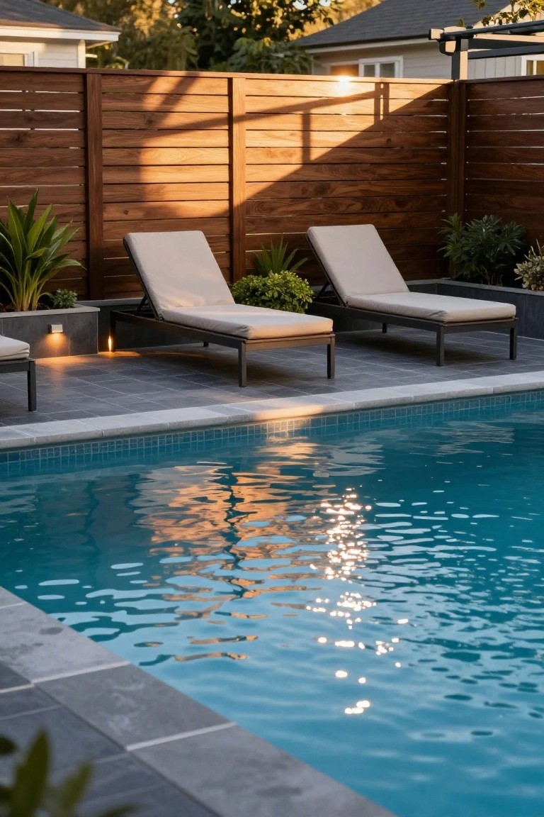 Backyard pool with turquoise water, dark gray tiled deck holding two beige chaise lounges on black metal frames, enclosed by tall horizontal brown wooden slat fence with potted plants along the edge.