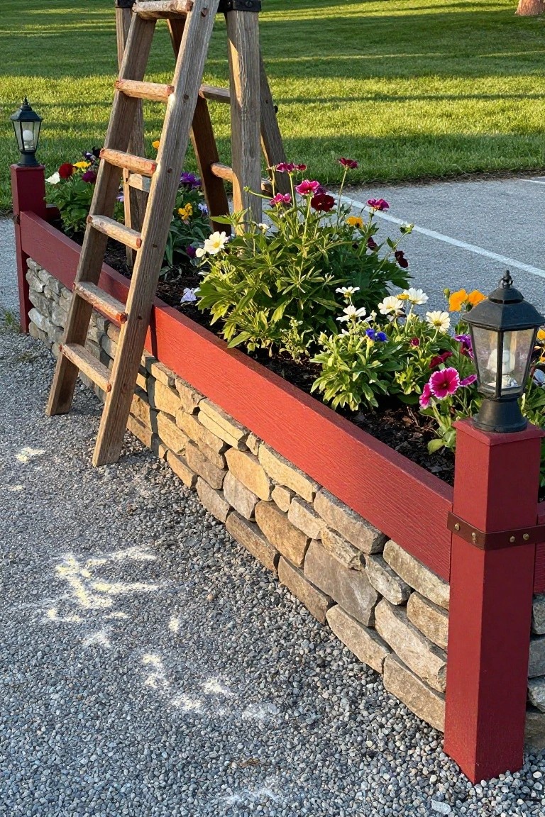 Wooden ladder leaning against a red raised planter box filled with various colorful flowers, set against a stone wall with black lanterns on red posts beside a gravel path and grass.