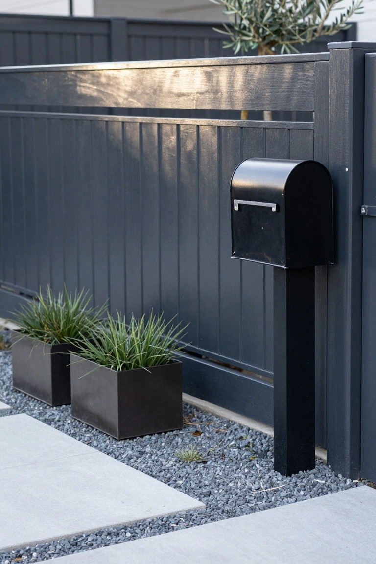 Black vertical slat wooden fence next to a gravel area with concrete pavers, a post-mounted black mailbox, and two black square pots containing ornamental grasses.