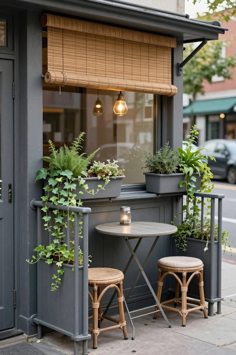Small outdoor seating area on a city sidewalk with a round gray metal table, two rattan stools with cushions, ivy climbing gray metal railings holding planters, potted plants on windowsill, bamboo blinds over shop window, and lit bulb inside.
