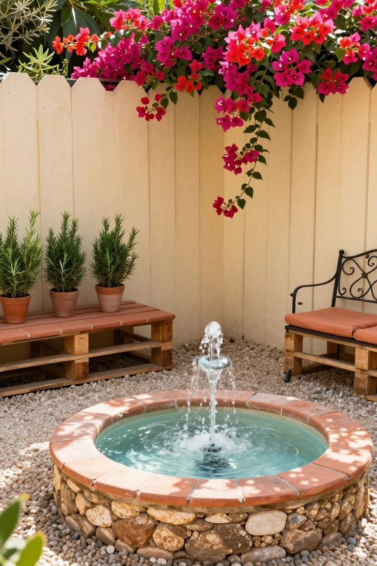 Backyard corner featuring a circular stone fountain with water spray on pebble ground, wooden pallet benches holding terracotta pots of rosemary plants, a cushioned wrought iron bench on pallets, and bougainvillea vines on a beige picket fence.