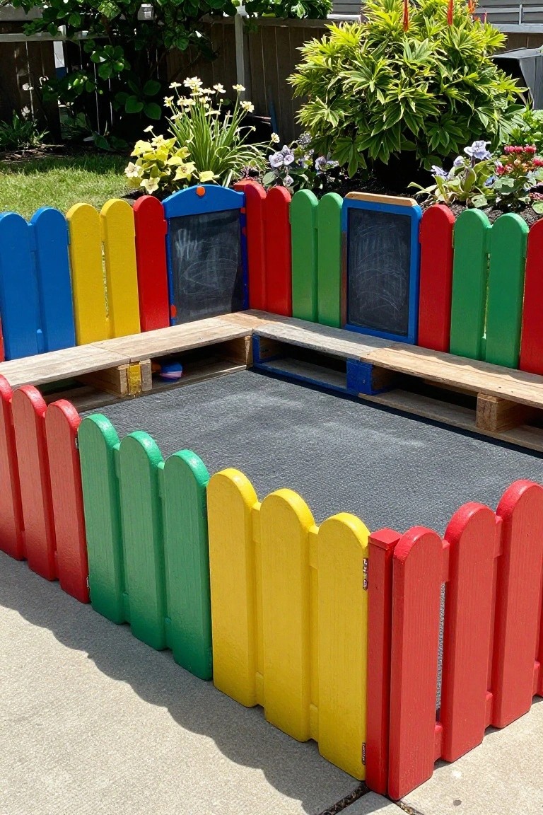 Backyard play enclosure with colorful plastic picket fences in red, yellow, green, blue, and orange around a gray rubber-matted sandbox, featuring wooden pallet benches and integrated chalkboard panels.