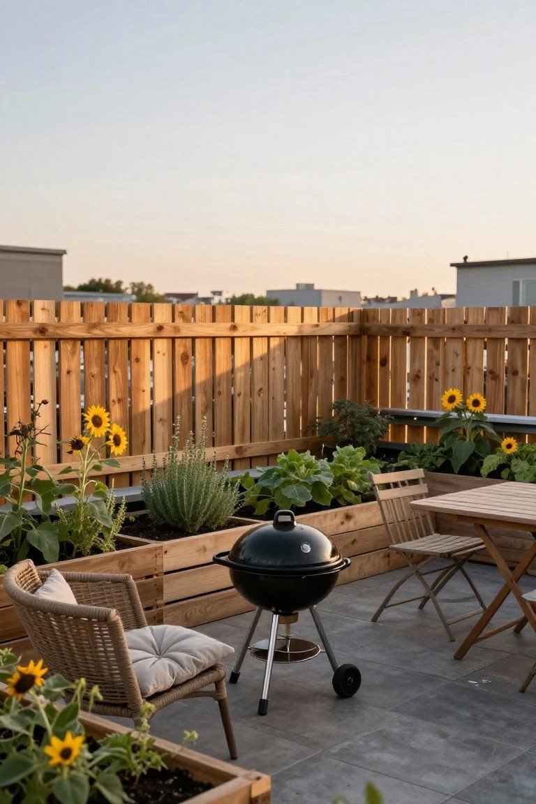 Rooftop terrace featuring tall wooden slat fence, raised wooden planters with sunflowers, leafy greens, succulents, black kettle grill, wooden table, and folding chairs on tiled flooring at sunset.