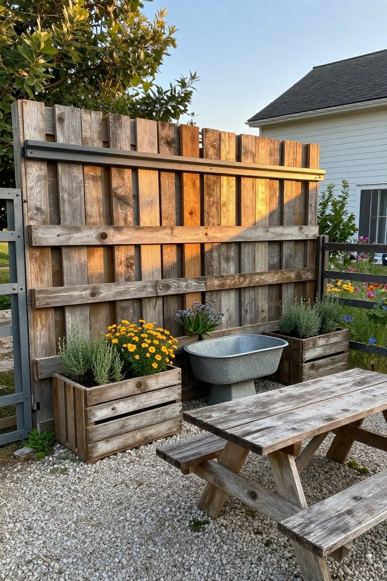 Wooden pallet fence with gray metal gate enclosing a gravel patio area featuring a wooden picnic table and benches, wooden crate planters with yellow flowers and lavender, a galvanized metal tub, and colorful flowers along the fence, with a white house and trees in the background.