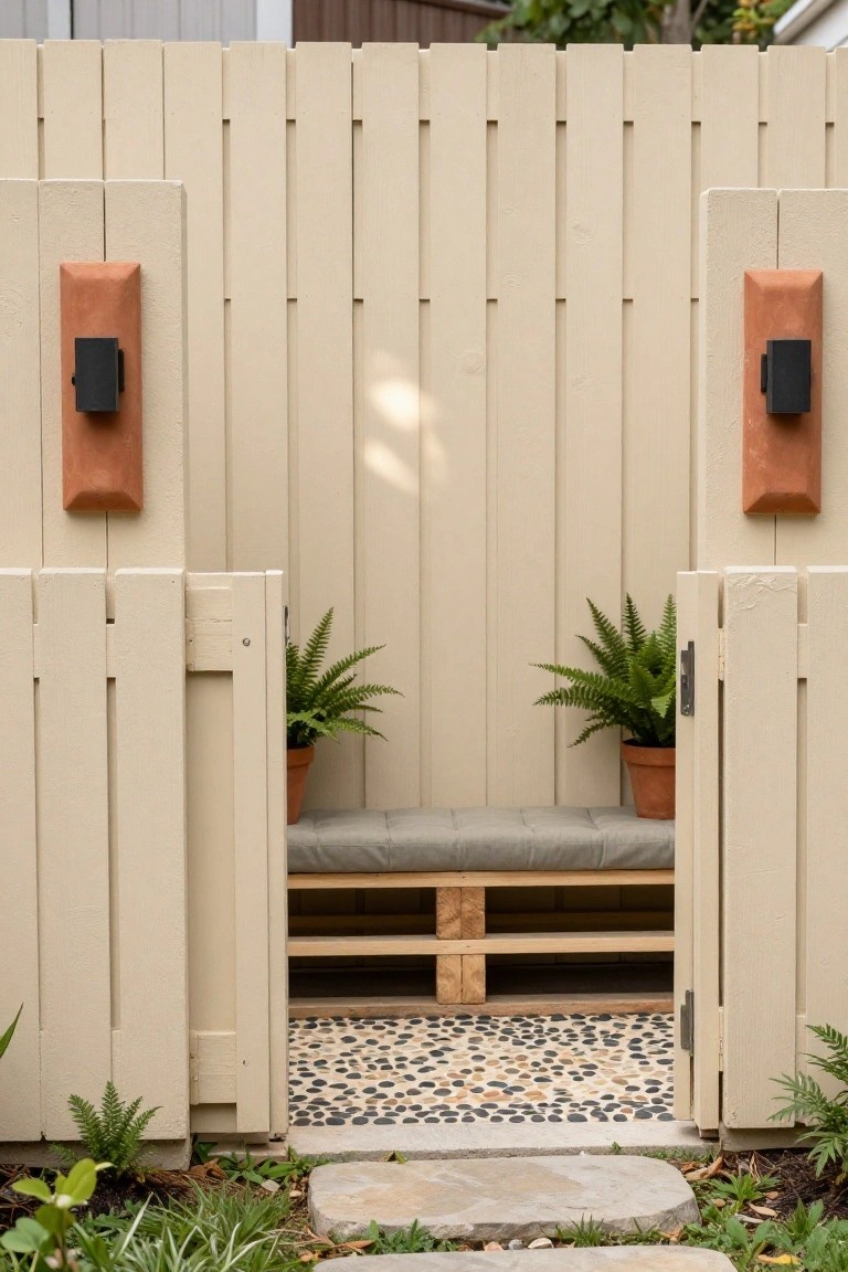 Beige vertical board-on-board wooden fence with open double swing gates containing a central built-in bench on pallet-style supports with gray cushion, flanked by potted ferns in terracotta pots, wall-mounted terracotta lanterns, pebble ground cover, and stepping stone path.