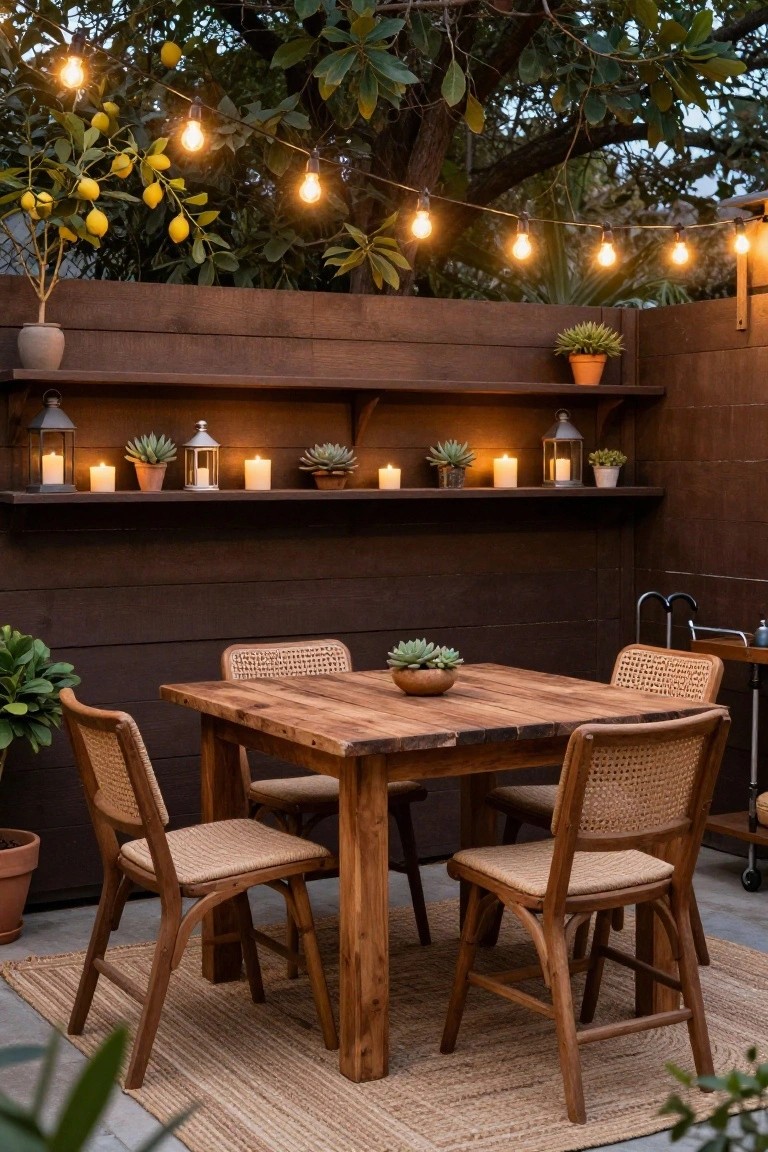Backyard patio with dark horizontal wood slat fence featuring built-in shelves holding potted succulents, candles, and lanterns, a rustic wooden table with four rattan chairs, string lights overhead, lemon tree, and potted plants around the space.