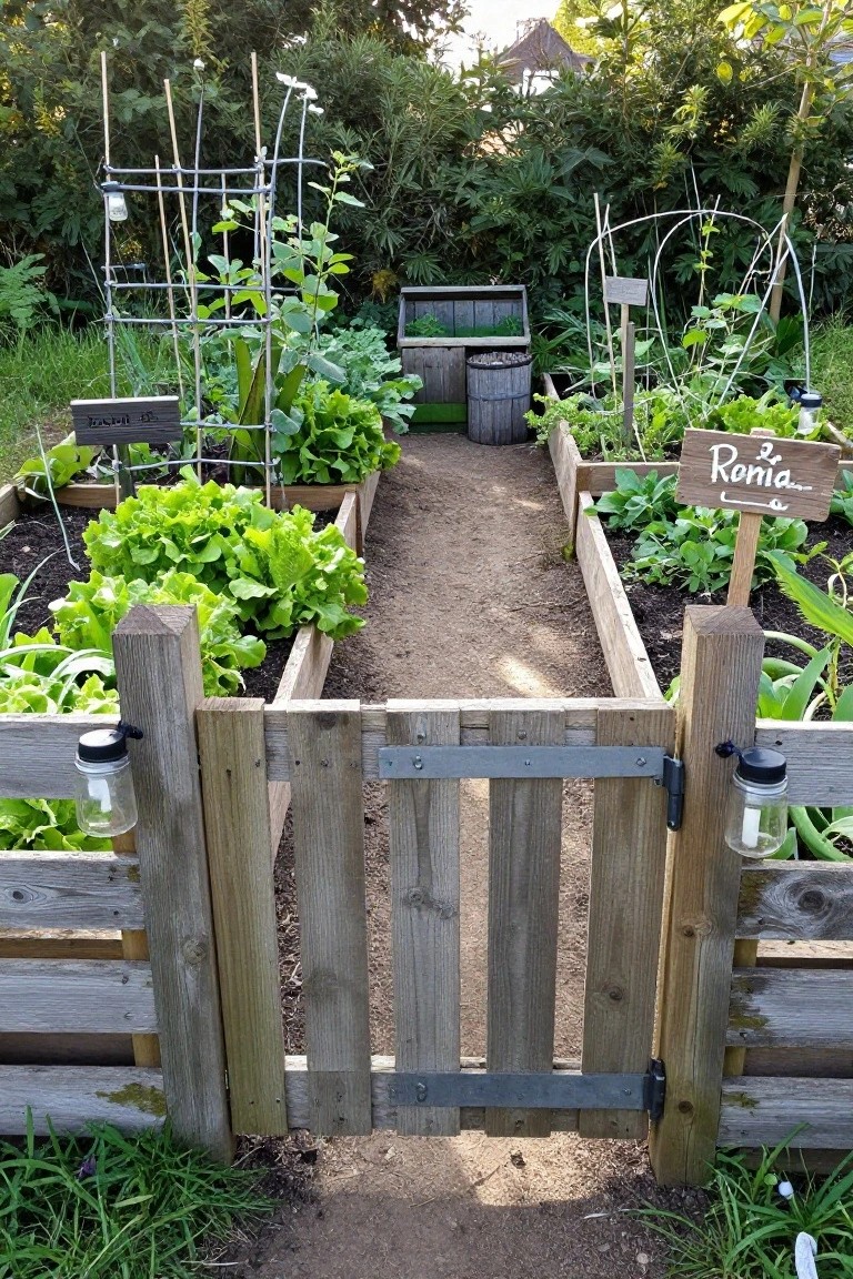Rustic wooden pallet gate with mason jar lanterns on posts opens to a dirt path between raised garden beds planted with lettuce, beans, and other vegetables, surrounded by greenery and compost bins.