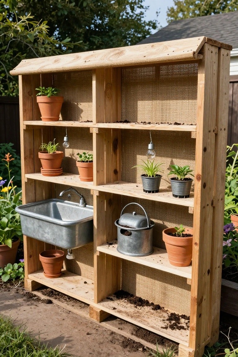 Freestanding wooden shelving unit with sloped roof and reed screening, holding potted plants on multiple shelves, a galvanized sink with faucet and drain, metal watering cans, and hanging bulb lights in a garden next to plants and fence.