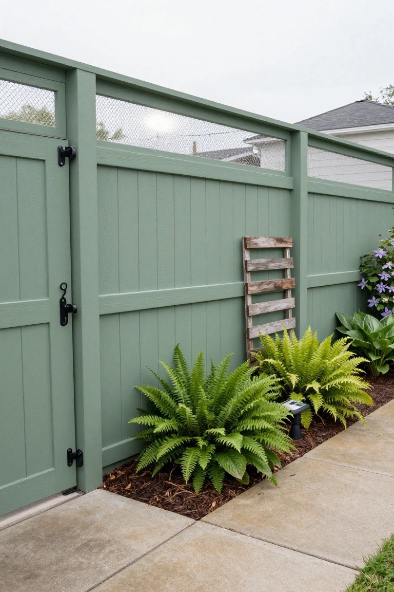 Green painted wooden privacy fence with a narrow vertical ladder made from reclaimed pallet slats attached to it, flanked by ferns and hosta plants along a concrete sidewalk path.