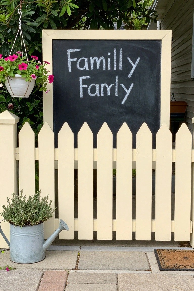 White picket fence gate with a framed black chalkboard sign displaying misspelled 