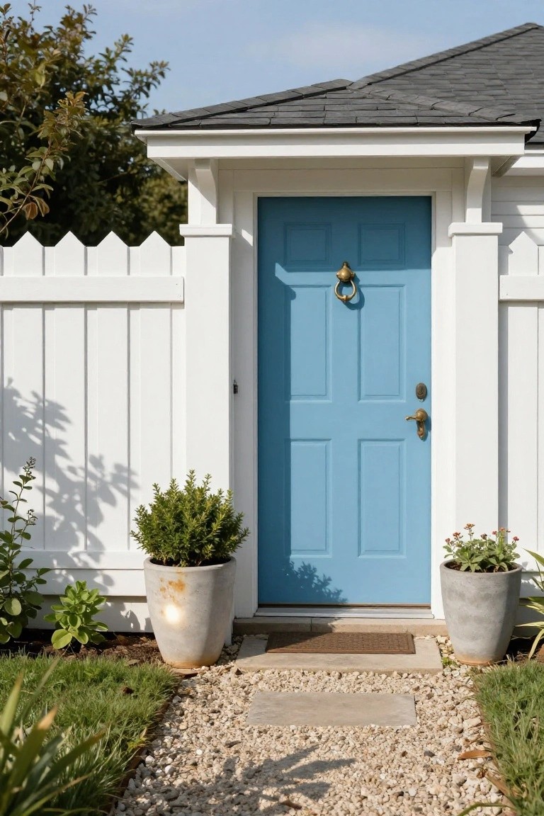 Blue front door with brass knocker and handle in white architectural surround and gabled roof overhang, bordered by white picket fence enclosing a gravel path, flanked by two large gray pots with green shrubs.