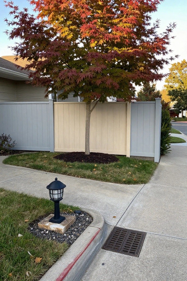 Japanese maple tree with red and orange fall leaves in a mulch bed next to a tan vertical fence panel adjacent to a gray fence, black lamppost on sidewalk nearby, grass and storm drain visible.