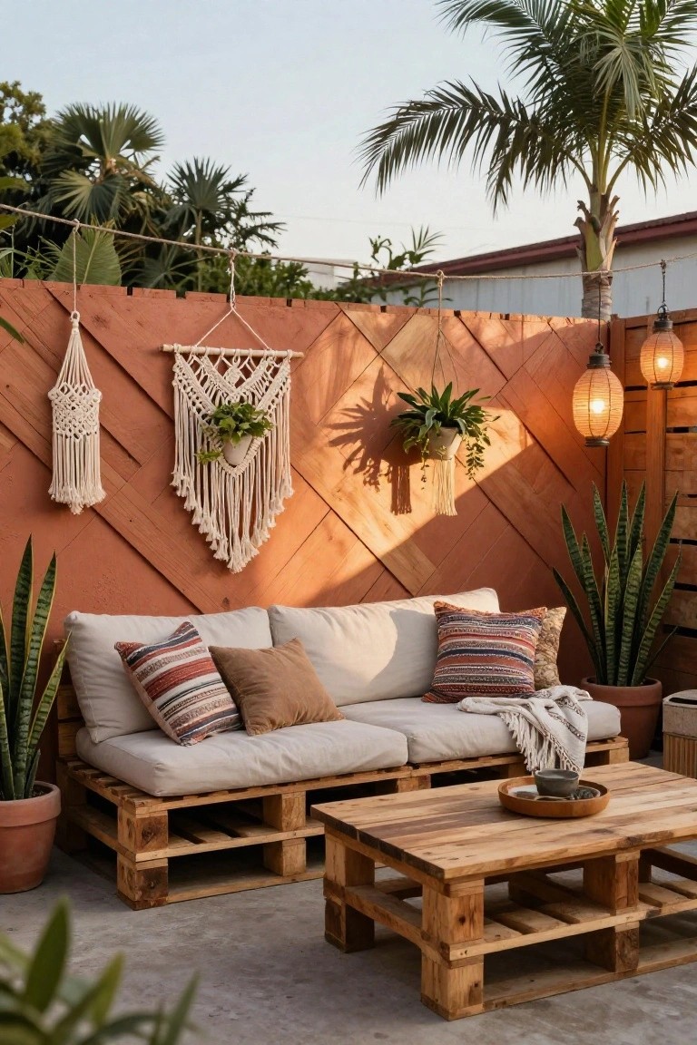 Outdoor patio area with reddish slatted wooden fence featuring zigzag pattern, hanging white macrame with plants, potted snake plants, beige cushions on pallet wood sofa and coffee table, hanging lanterns, and palm trees nearby.