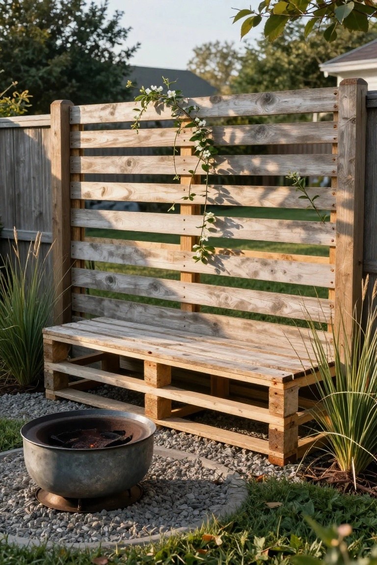 Slatted wooden pallet fence with climbing vines behind a pallet bench and metal fire bowl on gravel in a backyard patio area surrounded by grasses and plants.