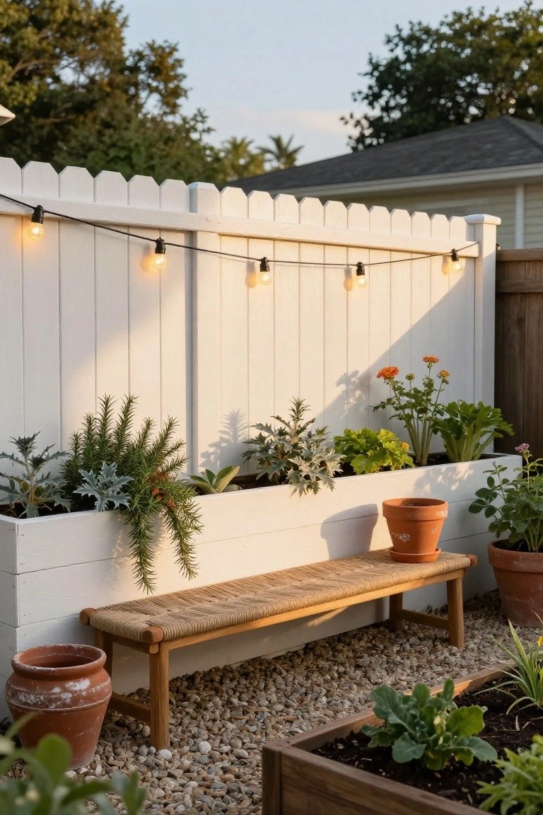 White picket fence with hanging string lights, wooden bench in front, white planter box with trailing plants, terracotta pots, and gravel ground in a backyard corner.