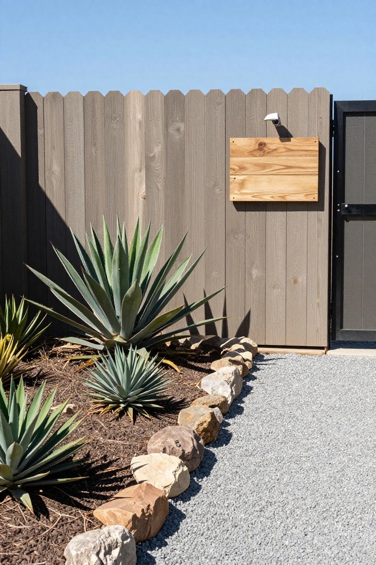 Gray scalloped wood fence next to a black metal gate with a light wood sign mounted on it, bordered by agave plants, rocks, mulch, and a gravel path under a blue sky.