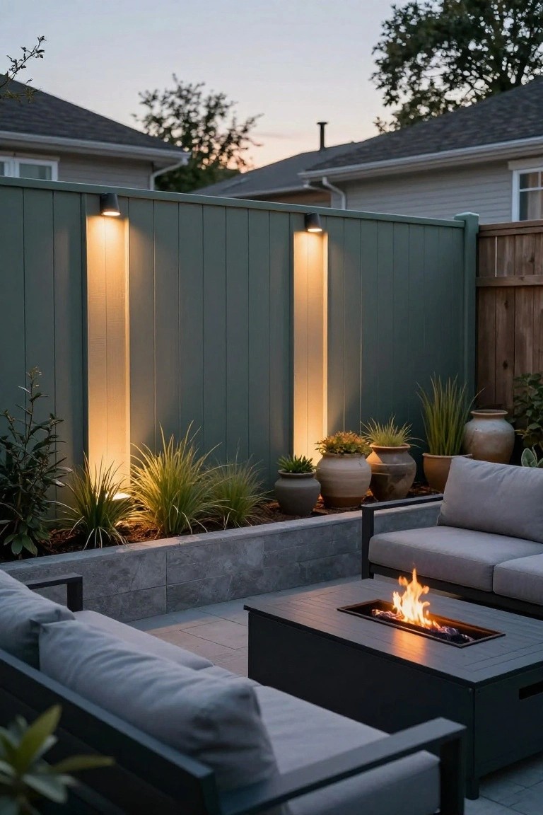 Green vertical board fence with two tall uplights mounted on it illuminating the boards, backing a concrete-edged patio with gray L-shaped sofa, black metal fire table with flames, potted grasses and plants, and neighboring houses in the dusk background.