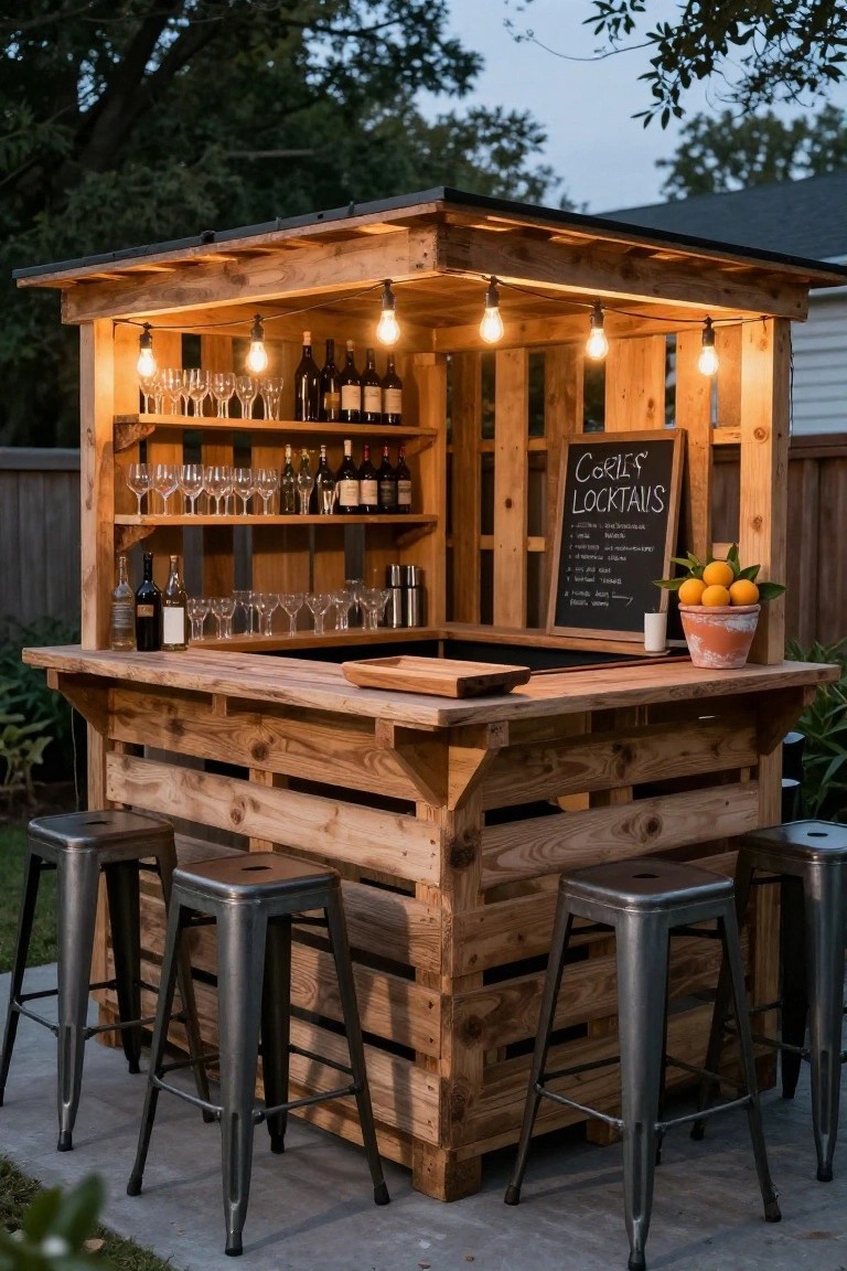 Wooden pallet bar structure in a backyard with shelves holding wine bottles and glasses, a countertop, metal bar stools, string lights, and a chalkboard sign reading