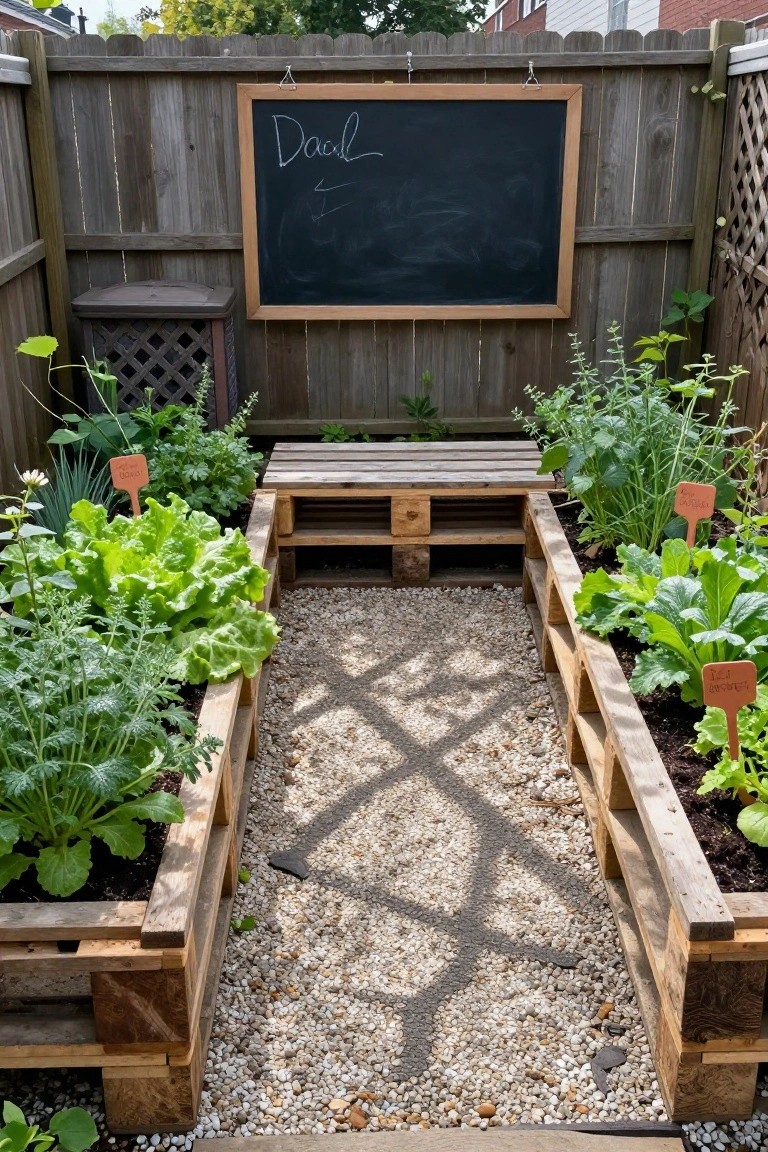 Wooden pallet raised garden beds with lettuce, bok choy, and herbs planted inside, gravel path between them, wooden bench, labeled plant stakes, and chalkboard on backyard fence.