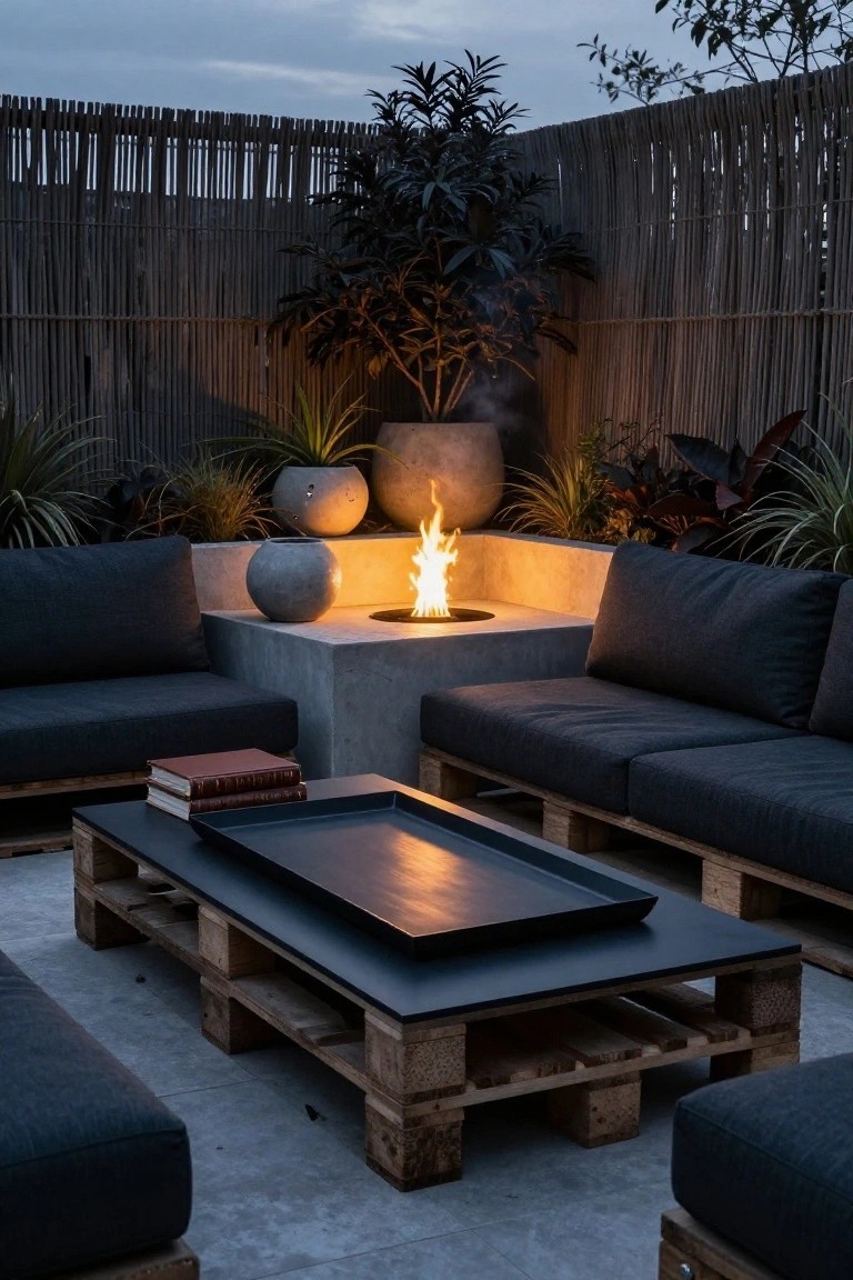 Outdoor patio seating area made from dark-cushioned pallet sofas and coffee table around a built-in concrete fire pit, with potted plants, bamboo fencing, and large ceramic pots at dusk.