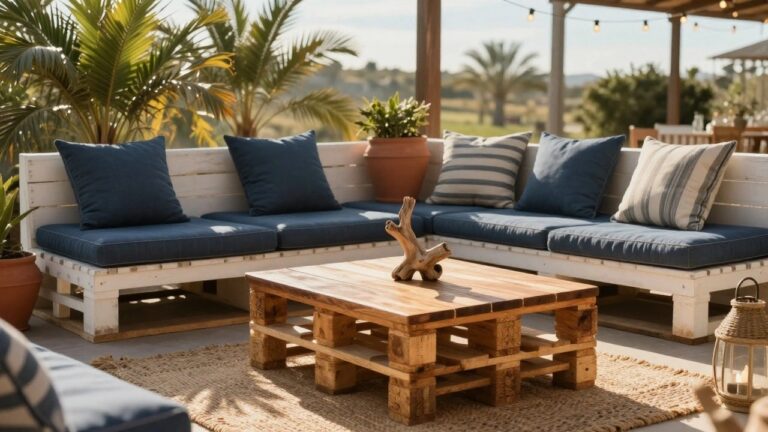 24 Chic DIY Pallet Furniture Projects You Will Want To Copy Outdoor L-shaped corner sofa built from white wooden pallets with navy and white striped cushions, a matching pallet coffee table topped with driftwood, seagrass rug underneath, potted palms and string lights nearby under a pergola.