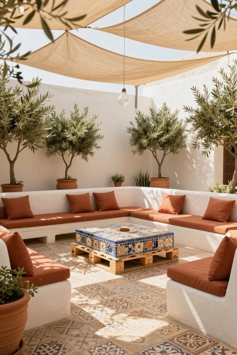 Courtyard with white built-in L-shaped benches and burnt orange cushions around a central pallet-base table topped with blue and multicolored tiles, olive trees in terracotta pots, beige shade sails overhead, and patterned tile floor.