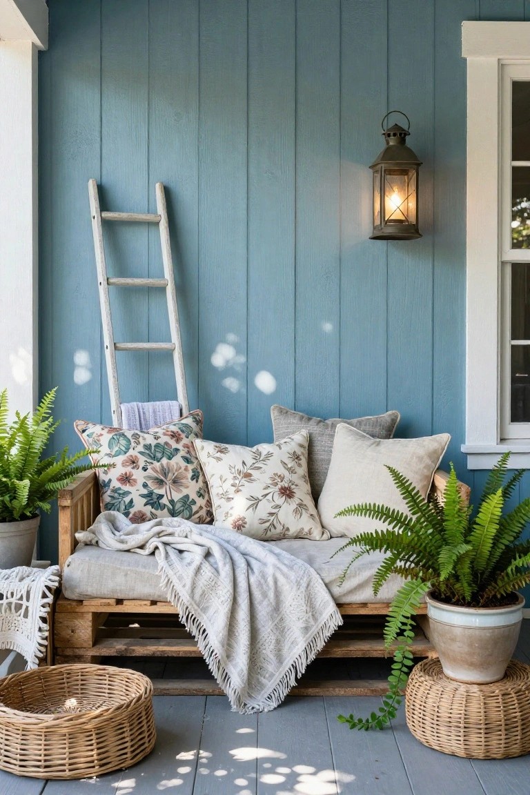 Blue shiplap porch wall with leaning white ladder, wall-mounted lantern, wooden pallet bench with assorted pillows and gray throw blanket, potted ferns, and woven baskets on gray wood floor.