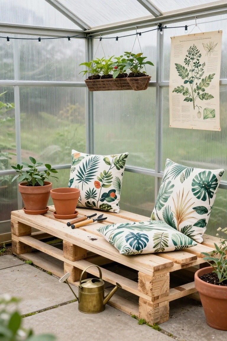 Wooden pallet bench with green and white leaf-patterned cushions inside a glass greenhouse, next to potted plants, a watering can, and gardening tools.