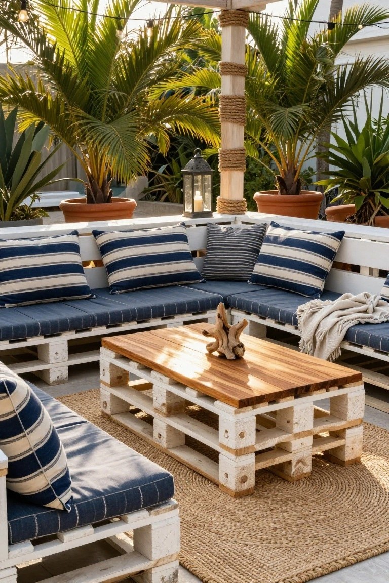 Outdoor L-shaped corner sofa built from white wooden pallets with navy and white striped cushions, a matching pallet coffee table topped with driftwood, seagrass rug underneath, potted palms and string lights nearby under a pergola.