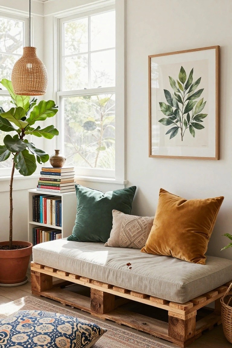 Indoor corner with a low daybed made from wooden pallets topped by beige cushions and green, gold, and patterned pillows, beside white bookshelves, a potted fiddle leaf fig plant, and a large window.