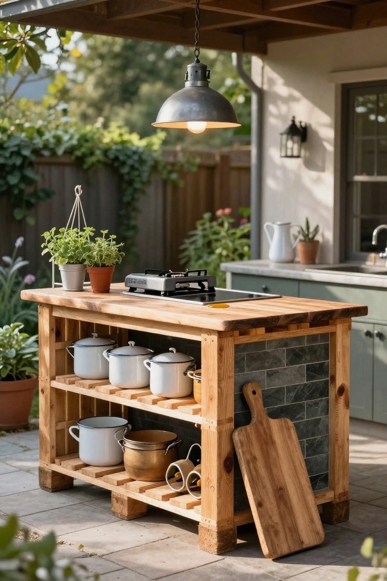 Wooden pallet-based outdoor kitchen island with integrated gas cooktop on butcher block surface, open shelves holding white enameled pots and copper pan, potted herbs nearby, under covered patio with greenery in background.