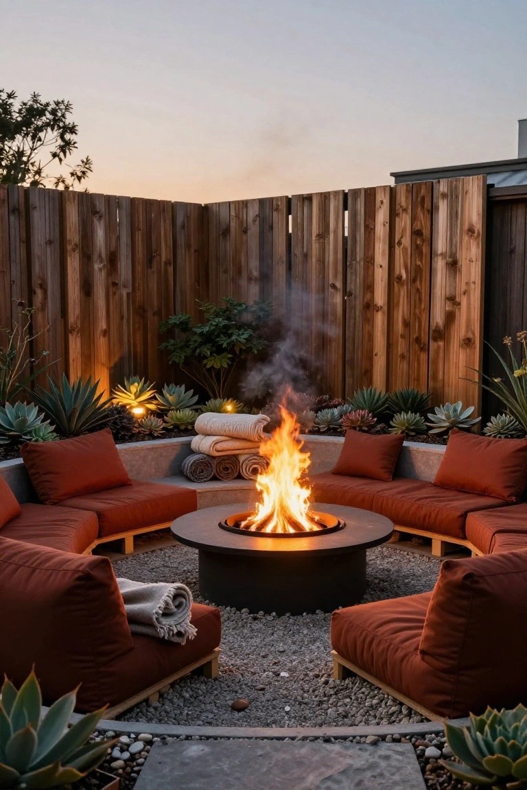 Outdoor patio featuring a circular black fire pit surrounded by modular red-cushioned sofas on wooden pallet-like platforms, with succulents in raised beds and a wooden fence enclosure at dusk.