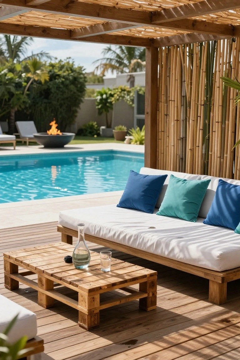 Wooden pallet daybed with white cushions and blue pillows on a sunny deck near a blue swimming pool, bamboo privacy screens, and a pallet coffee table with a water bottle and glass.