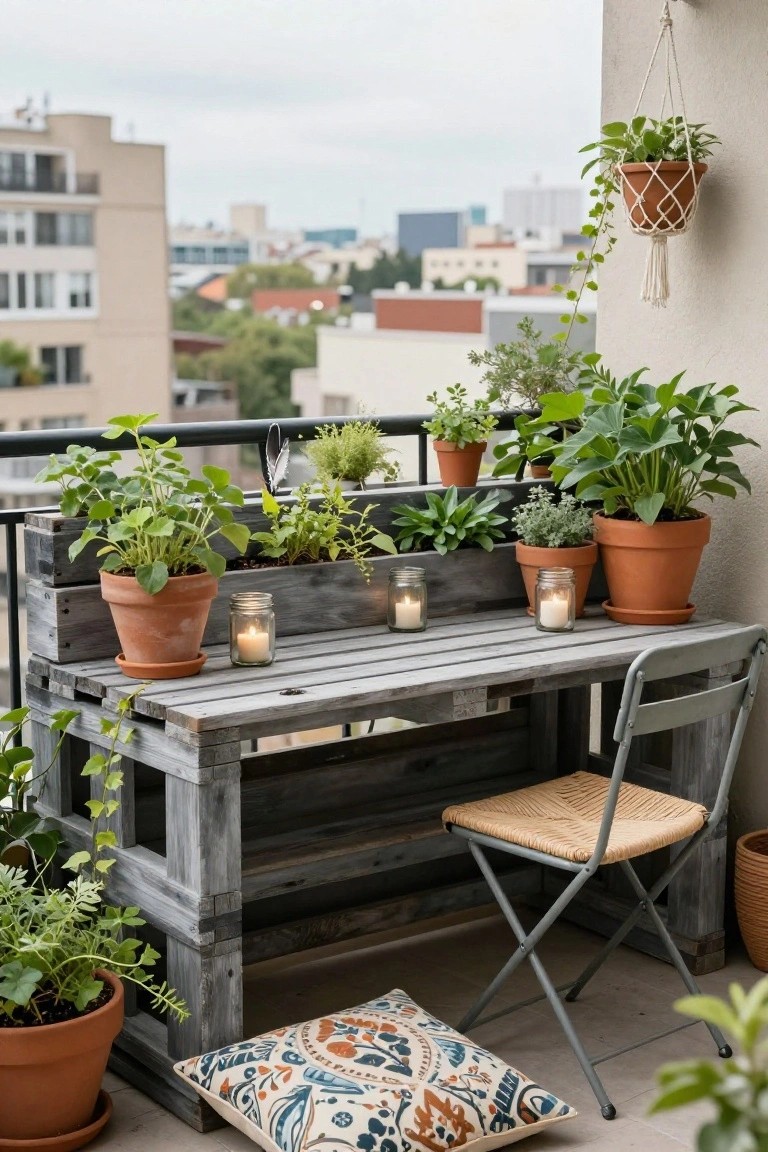 Balcony setup with a gray wooden pallet desk topped by potted plants, candles in jars, and small pots, surrounded by more plants in terracotta pots, two chairs, a cushion, and hanging planters, overlooking city buildings.
