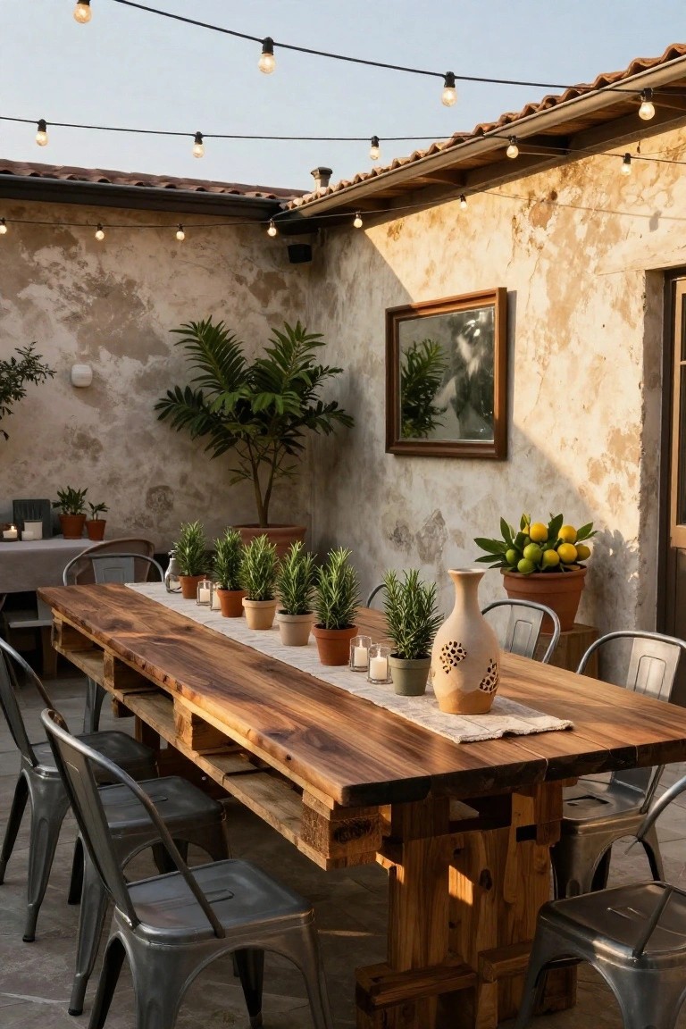Long wooden pallet dining table on a terrace with metal chairs, potted rosemary plants along the runner, string lights overhead, and stucco walls nearby.