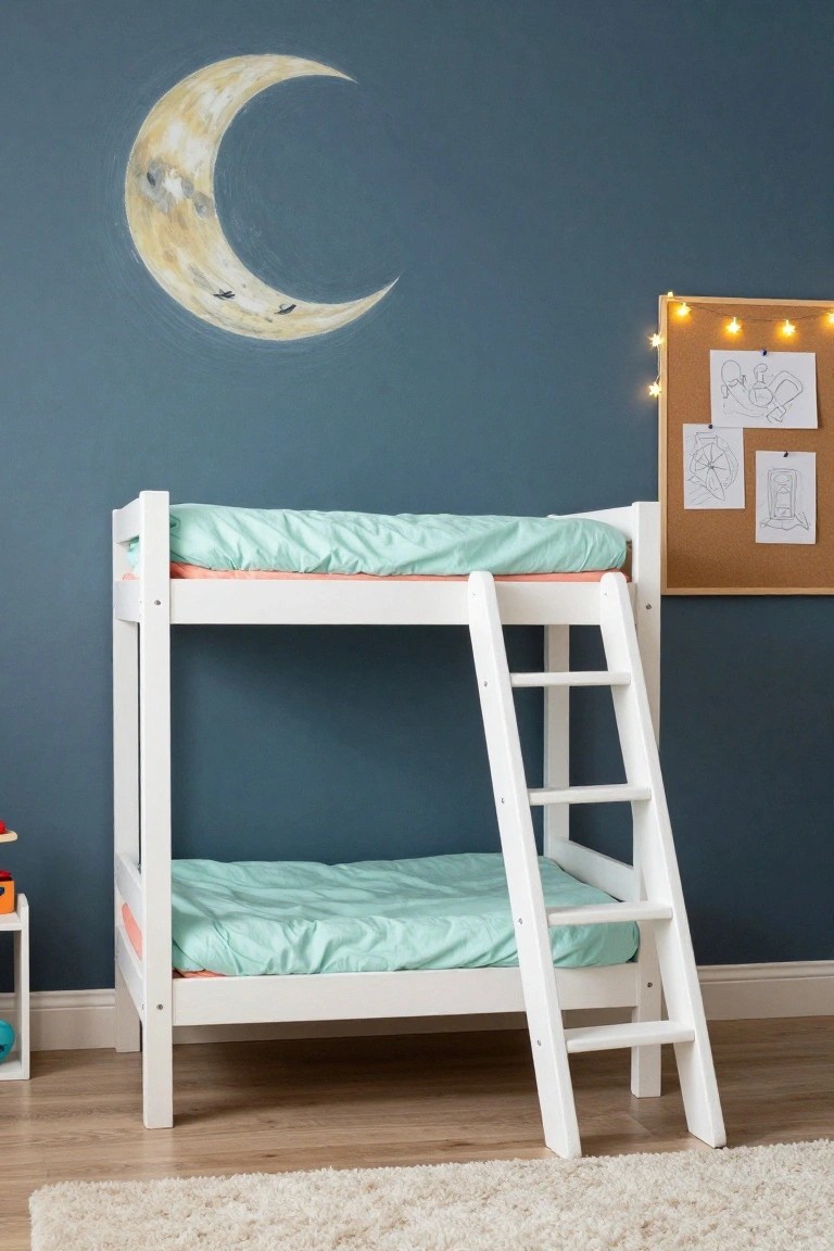 White wooden bunk bed with turquoise bedding on both levels and a slanted ladder stands in a dark blue children's bedroom next to a corkboard with drawings and a large yellow crescent moon wall decal.