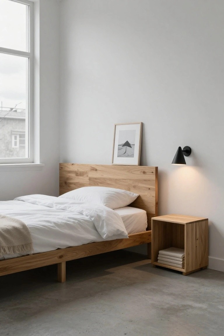 Minimalist bedroom with low natural wood platform bed, white duvet and pillows, beige throw blanket, matching wooden nightstand holding folded towels, black wall-mounted cone lamp, framed black and white photo, large window overlooking urban buildings, white walls, and concrete floor.