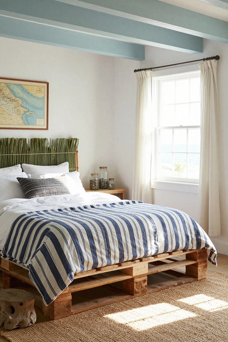Bedroom with low wooden pallet bed frame, green reed headboard, white bedding, blue and white striped throw, side table with glass jars, window showing ocean view, white walls, blue ceiling beams, seagrass rug, and driftwood stool.