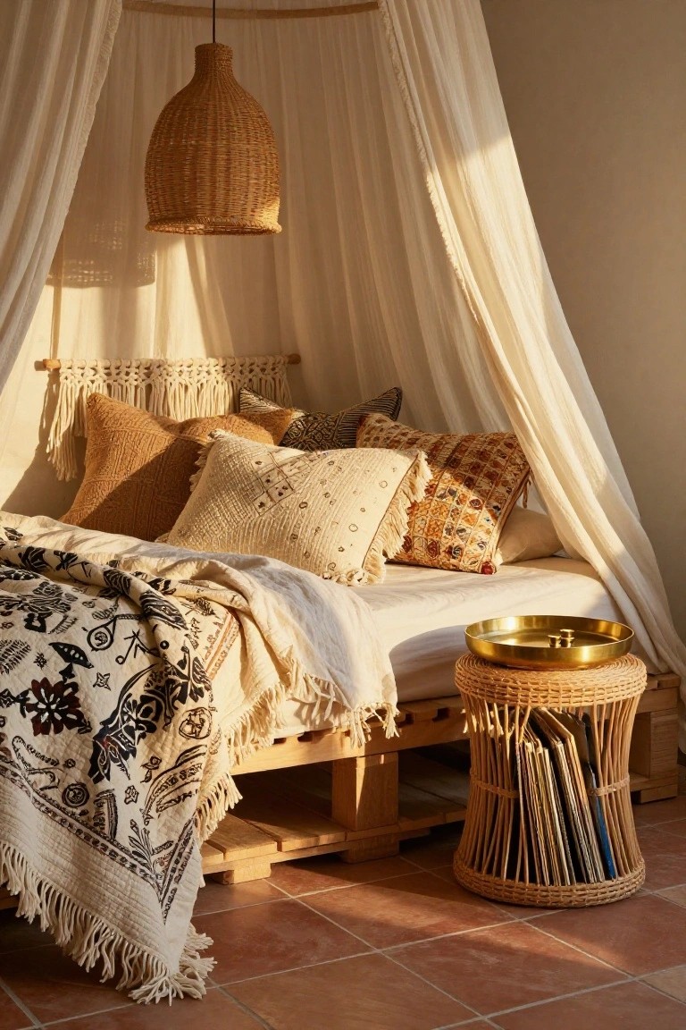 Wooden pallet bed platform with white sheets, black patterned quilt, assorted textured pillows, under a sheer white canopy with macrame headboard, rattan pendant lamp overhead, brass tray on woven stool with stacked records, on terracotta tile floor.