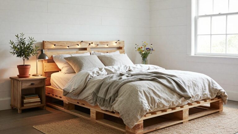Corner bedroom with wooden pallet bed frame, neutral bedding and gray throw, string lights on pallet headboard, potted plant and nightstand with books, beside two large windows with natural light.