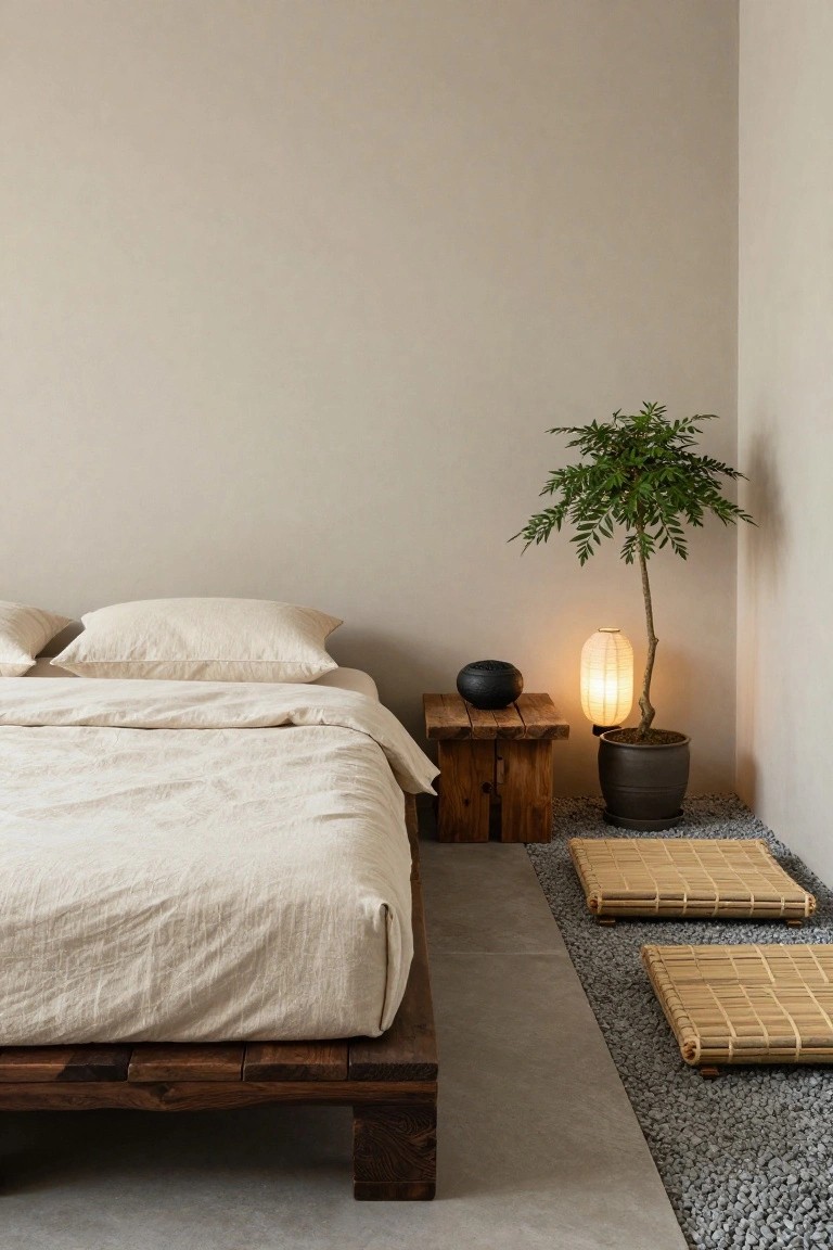 Minimalist bedroom corner with low wooden pallet platform bed covered in beige linen bedding and pillows, wooden side table holding black pot and paper lantern lamp, tall potted tree in black planter, beige walls, tatami mats on gravel floor section.