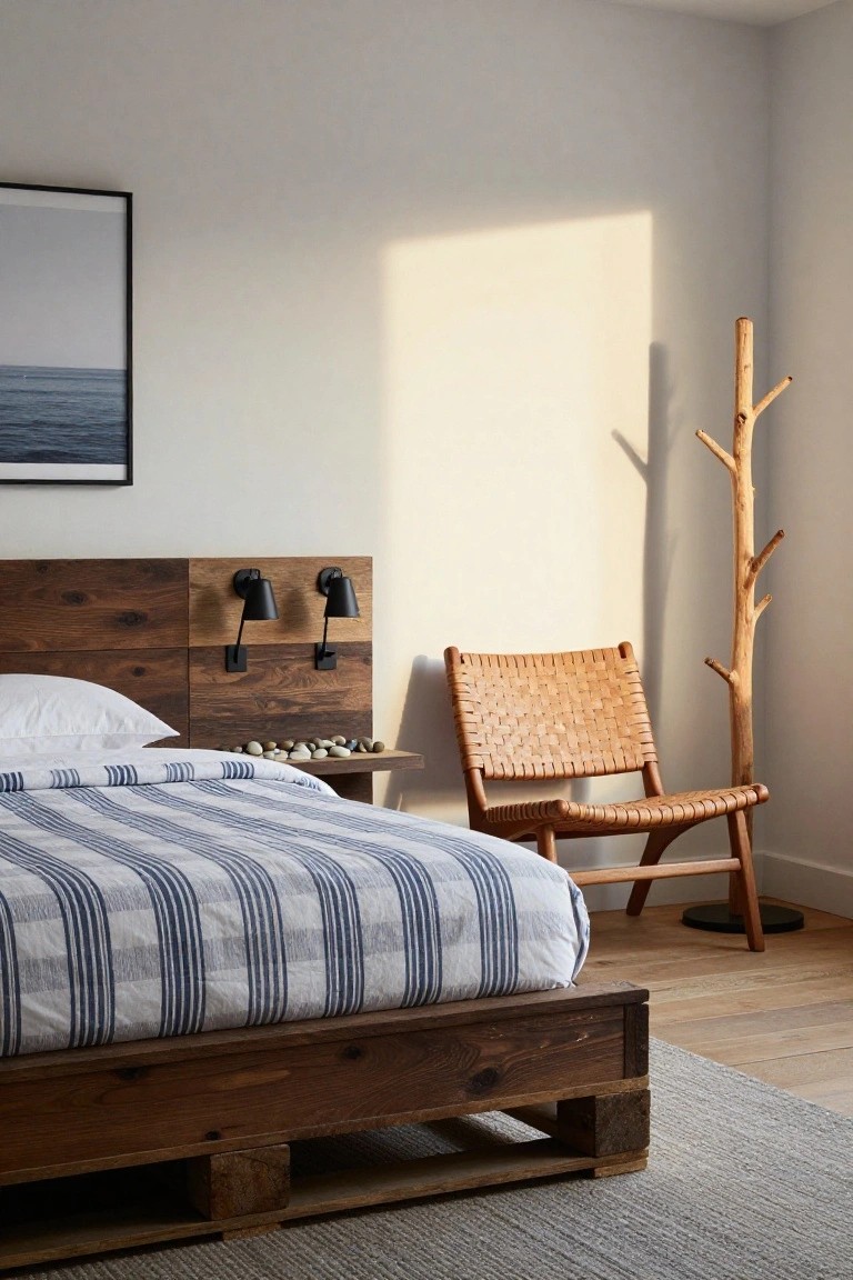Bedroom interior with low wooden pallet bed frame, white pillows and blue striped duvet, wood headboard with black wall lamps, rattan chair, branch coat rack, and ocean photo on wall.