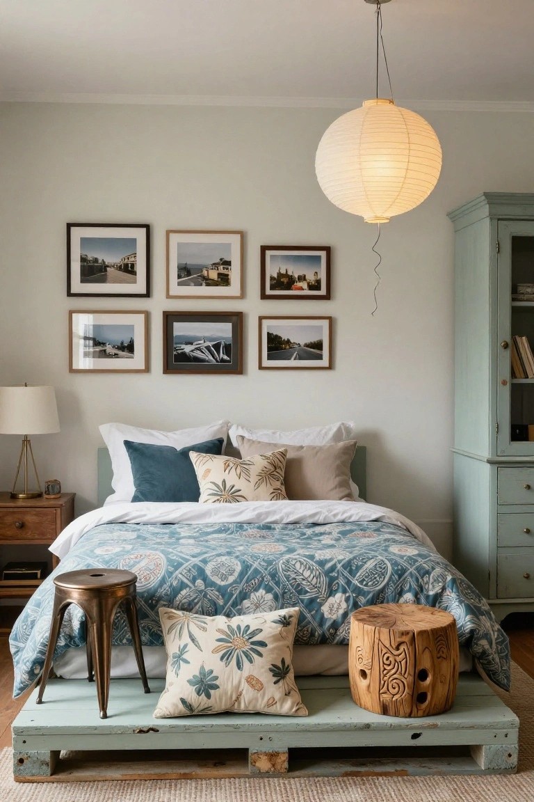 Bedroom interior with a bed on a turquoise painted pallet platform, teal and cream pillows on the bed, wooden nightstand, bronze stool, carved wood stool, teal cabinet, wall photos of cityscapes, and paper lantern ceiling light.
