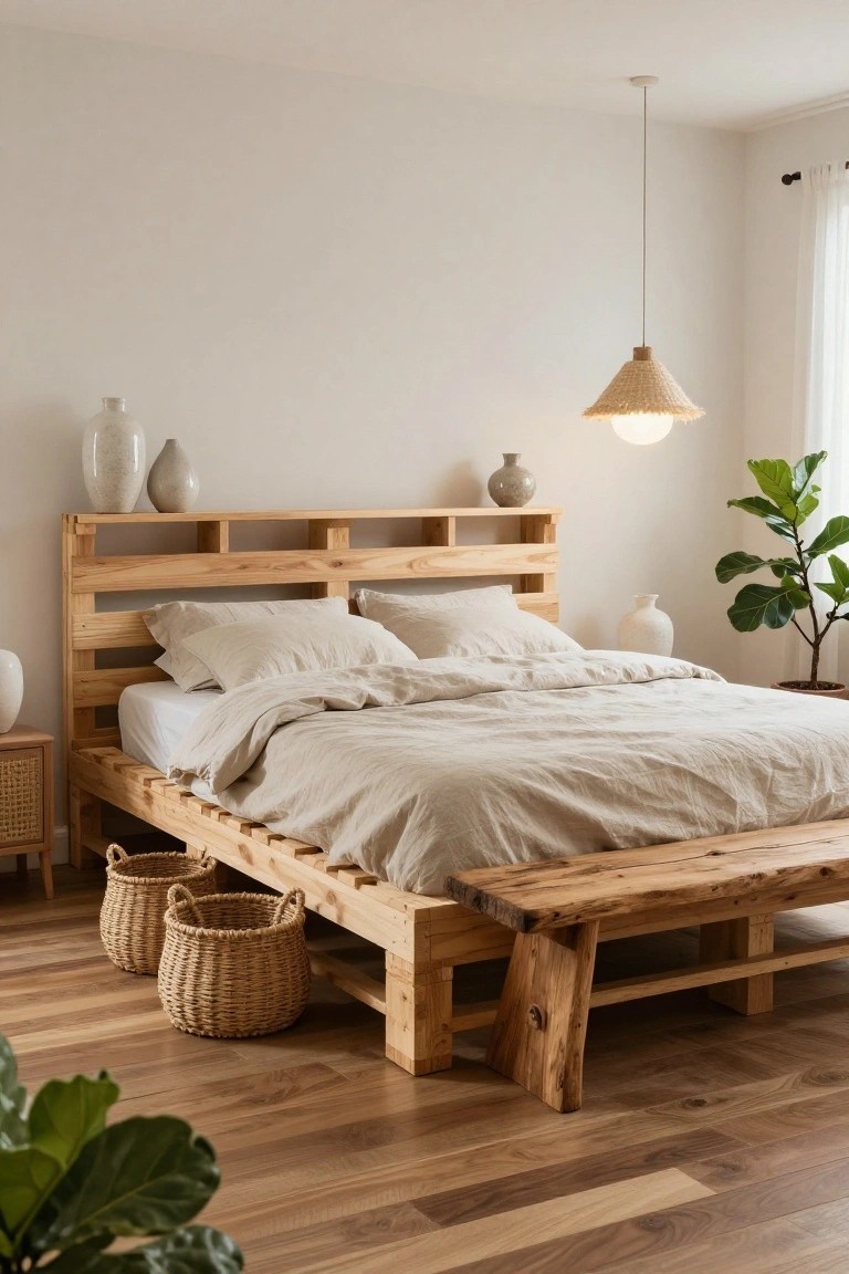 Bedroom with a light wooden pallet bed frame featuring open shelves in the headboard, neutral linen bedding, a pallet bench at the foot, rattan baskets, ceramic vases, potted plants, and a rattan pendant light on light wood floors.