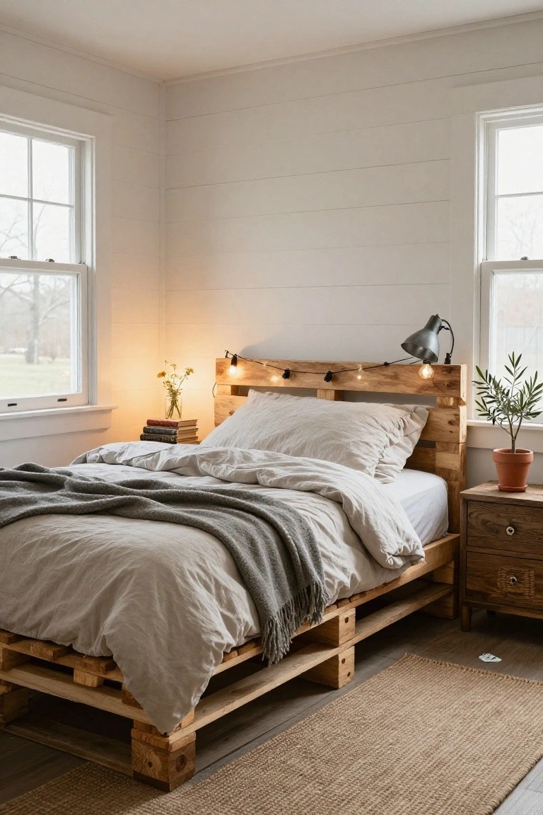 Corner bedroom with wooden pallet bed frame, neutral bedding and gray throw, string lights on pallet headboard, potted plant and nightstand with books, beside two large windows with natural light.